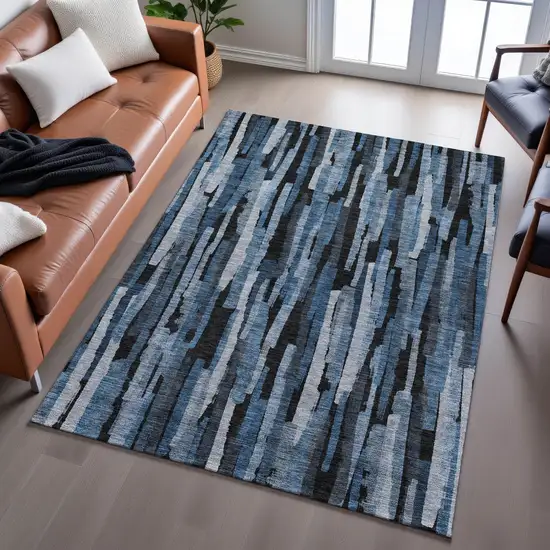 Blue Charcoal And Silver Striped Washable Area Rug With UV Protection Photo 5