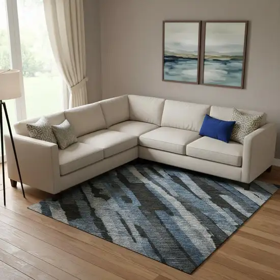 Blue Charcoal And Silver Striped Washable Area Rug With UV Protection Photo 2