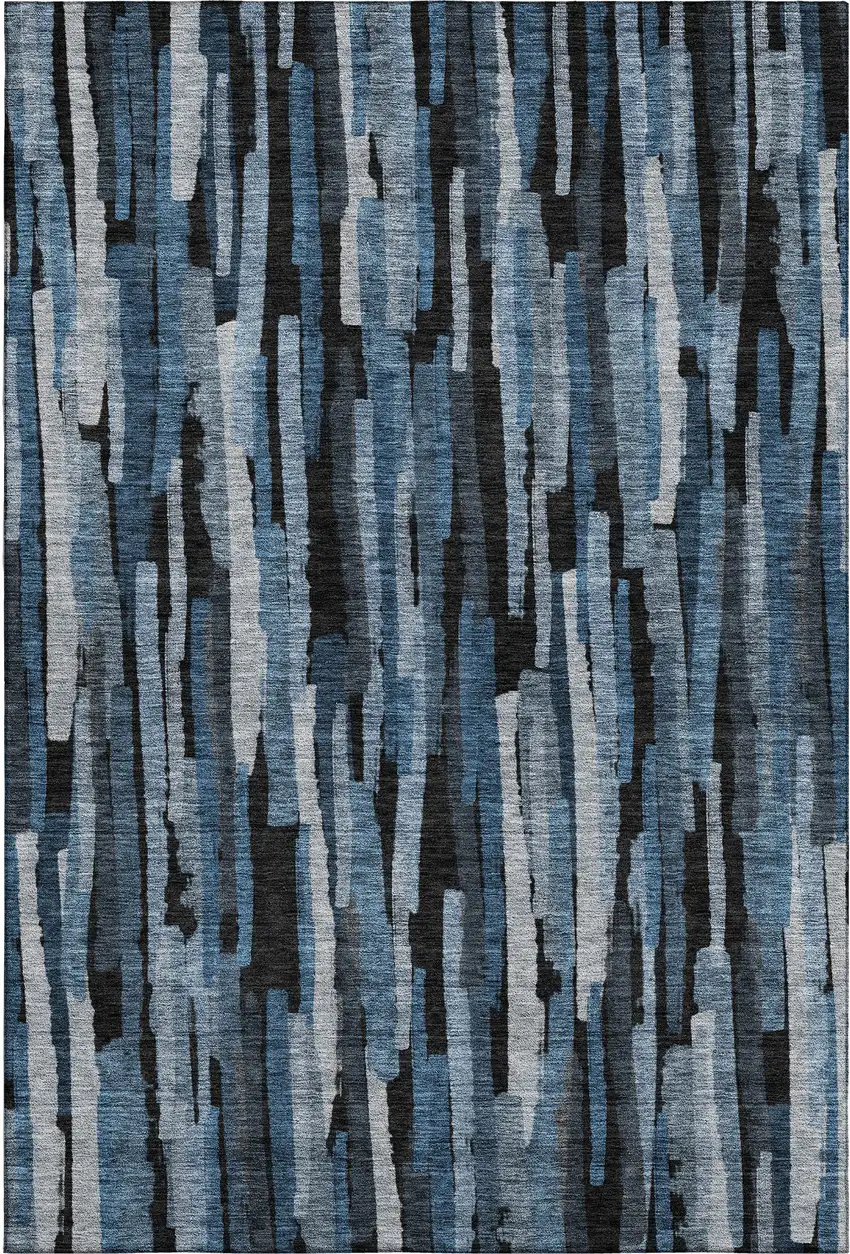 Blue Charcoal And Silver Striped Washable Area Rug With UV Protection Photo 6