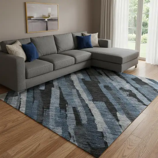 Blue Charcoal And Silver Striped Washable Area Rug With UV Protection Photo 2