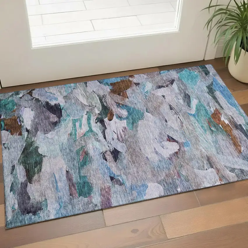 Blue Copper And Beige Abstract Washable Area Rug With UV Protection Photo 1