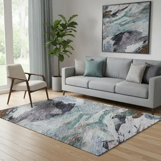 Blue Copper And Beige Abstract Washable Area Rug With UV Protection Photo 2