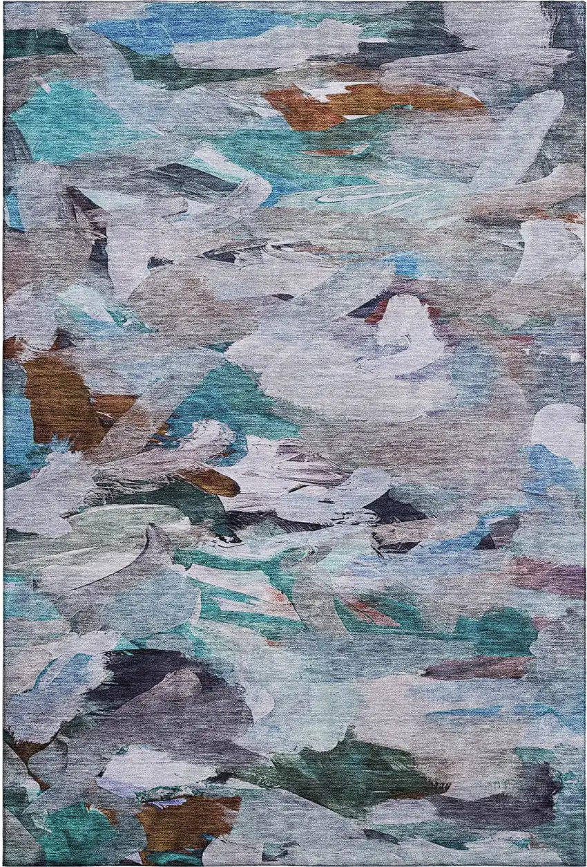 Blue Copper And Beige Abstract Washable Area Rug With UV Protection Photo 6