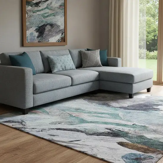 Blue Copper And Beige Abstract Washable Area Rug With UV Protection Photo 2