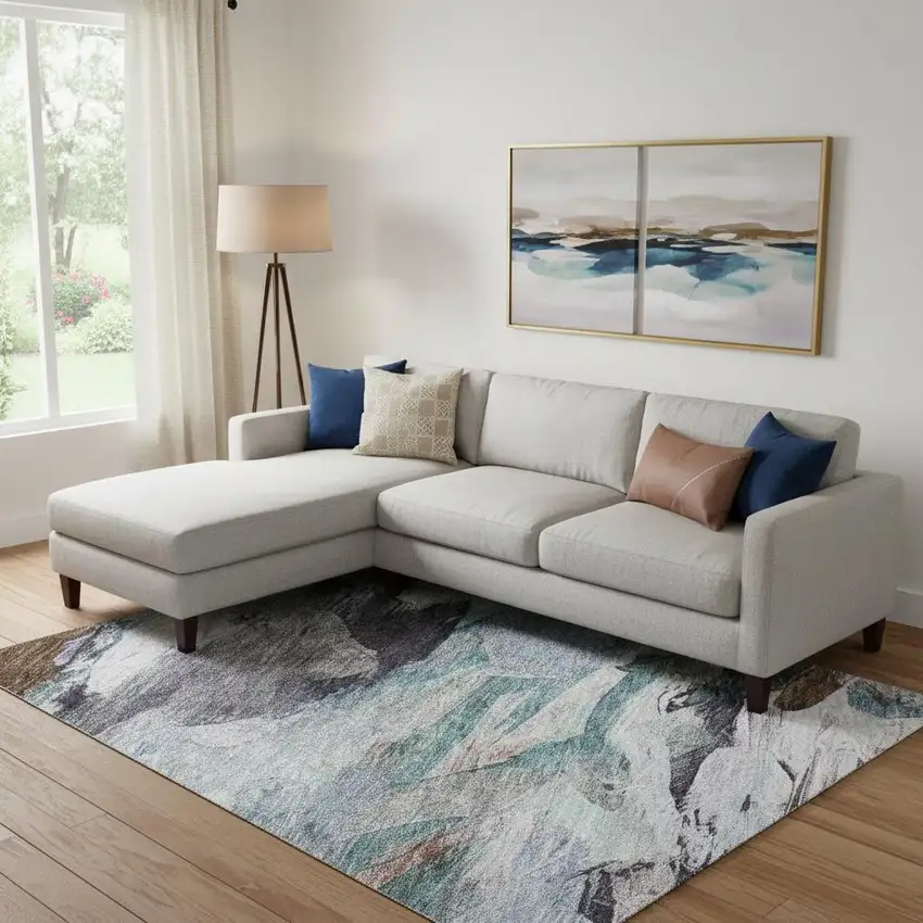 Blue Copper And Beige Abstract Washable Area Rug With UV Protection Photo 2