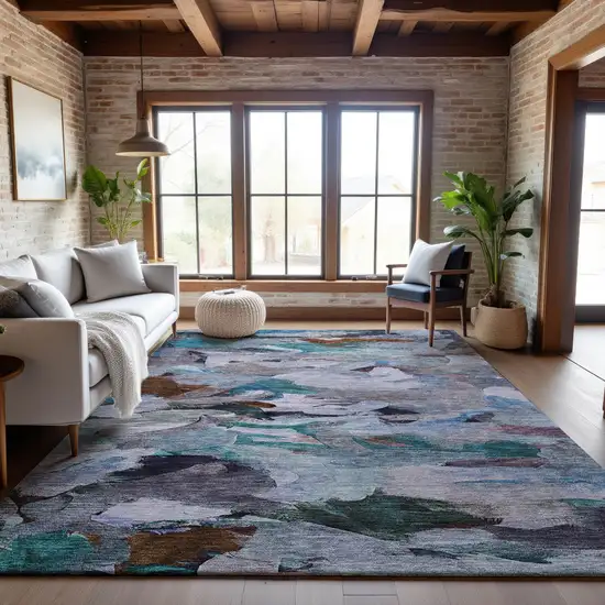 Blue Copper And Beige Abstract Washable Area Rug With UV Protection Photo 3