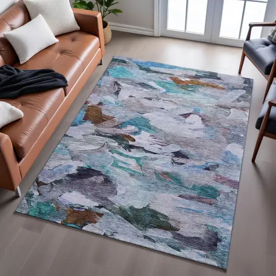 Blue Copper And Beige Abstract Washable Area Rug With UV Protection Photo 4