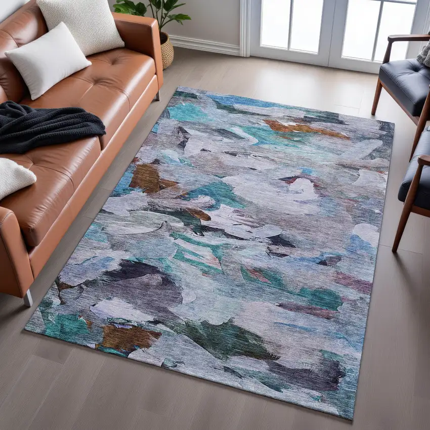 Blue Copper And Beige Abstract Washable Area Rug With UV Protection Photo 4