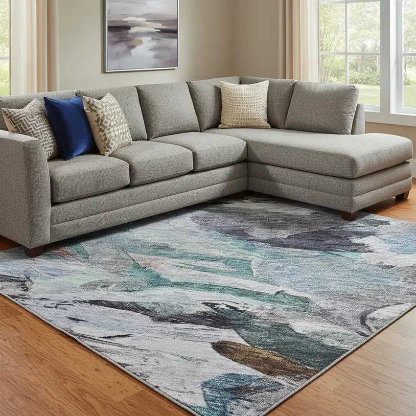 Blue Copper And Beige Abstract Washable Area Rug With UV Protection Photo 2