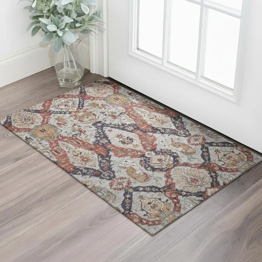 Blue Copper And Beige Ikat Washable Area Rug With UV Protection Photo 2