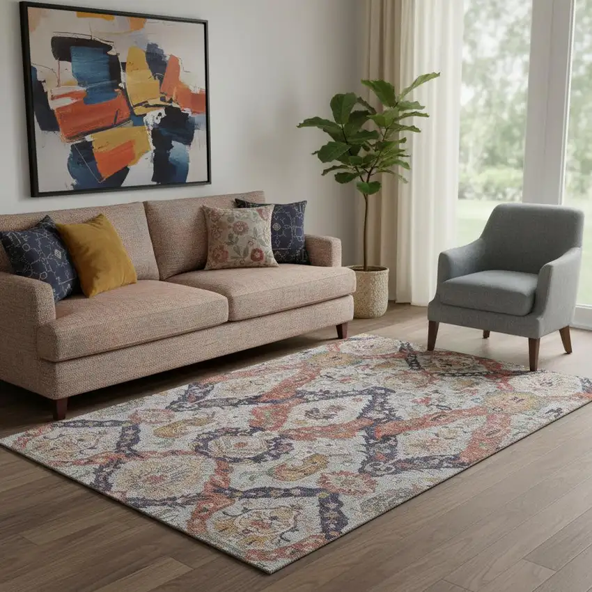 Blue Copper And Beige Ikat Washable Area Rug With UV Protection Photo 2