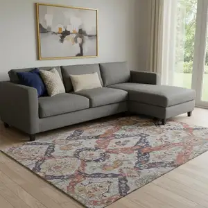 Photo of Blue Copper And Beige Ikat Washable Area Rug With UV Protection