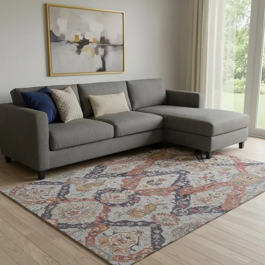 Blue Copper And Beige Ikat Washable Area Rug With UV Protection Photo 2