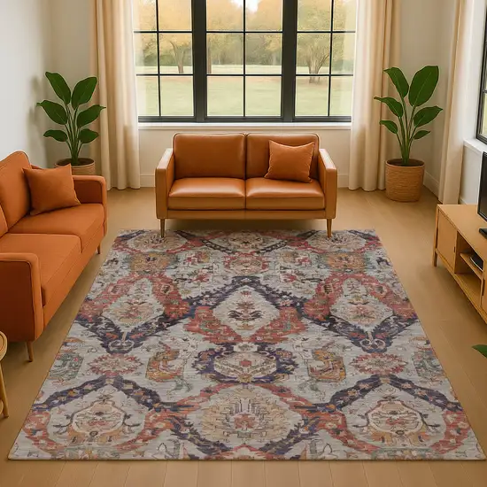 Blue Copper And Beige Ikat Washable Area Rug With UV Protection Photo 5