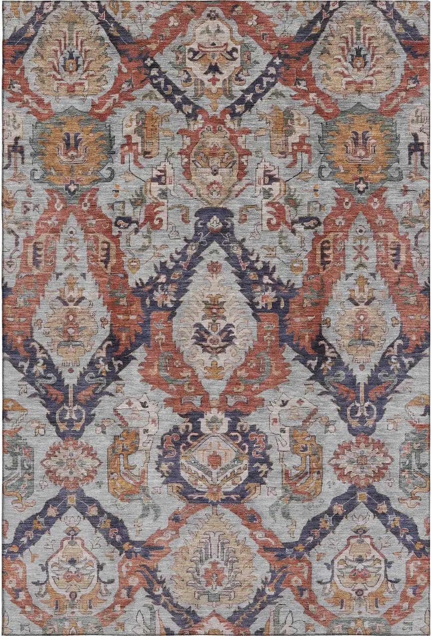 Blue Copper And Beige Ikat Washable Area Rug With UV Protection Photo 2