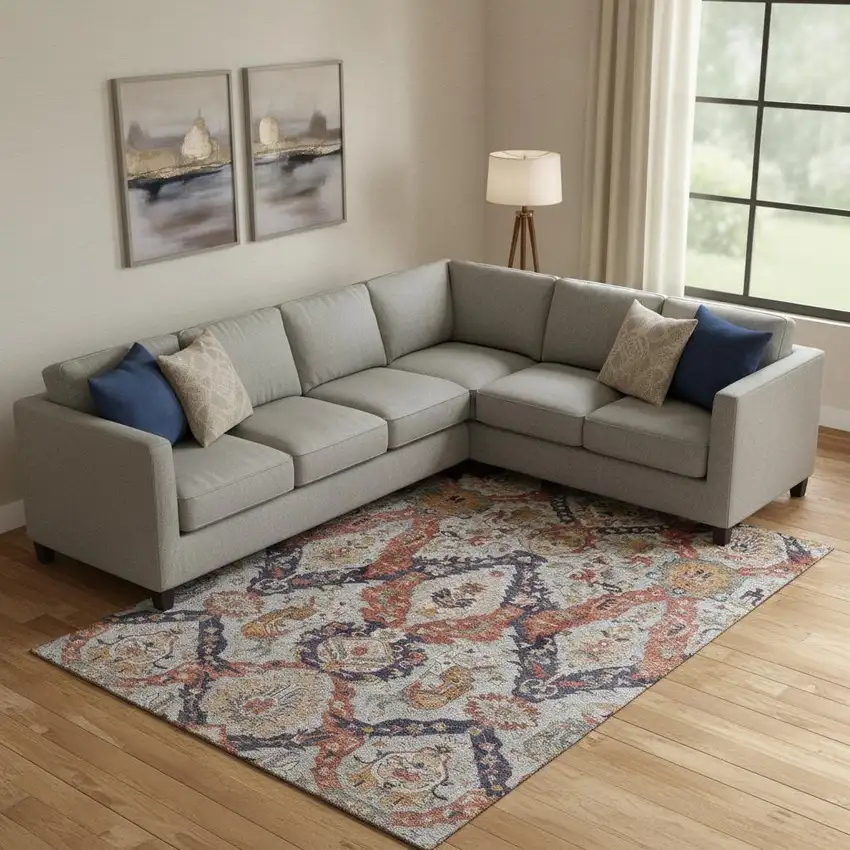 Blue Copper And Beige Ikat Washable Area Rug With UV Protection Photo 2