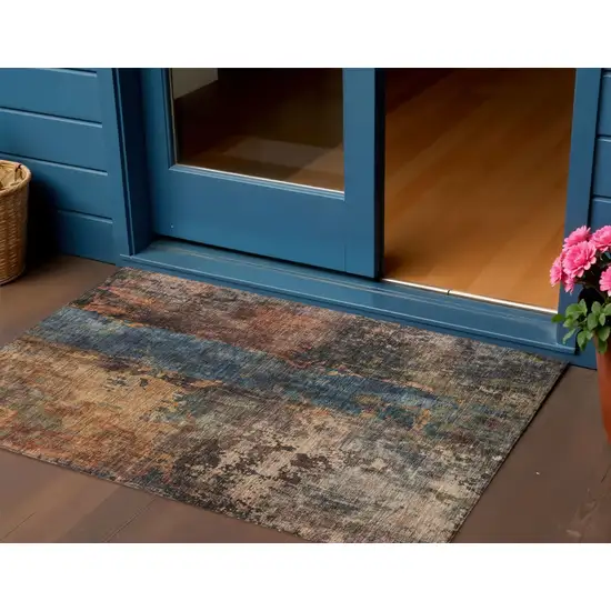 Blue Copper And Brown Abstract Washable Indoor Outdoor Area Rug Photo 1