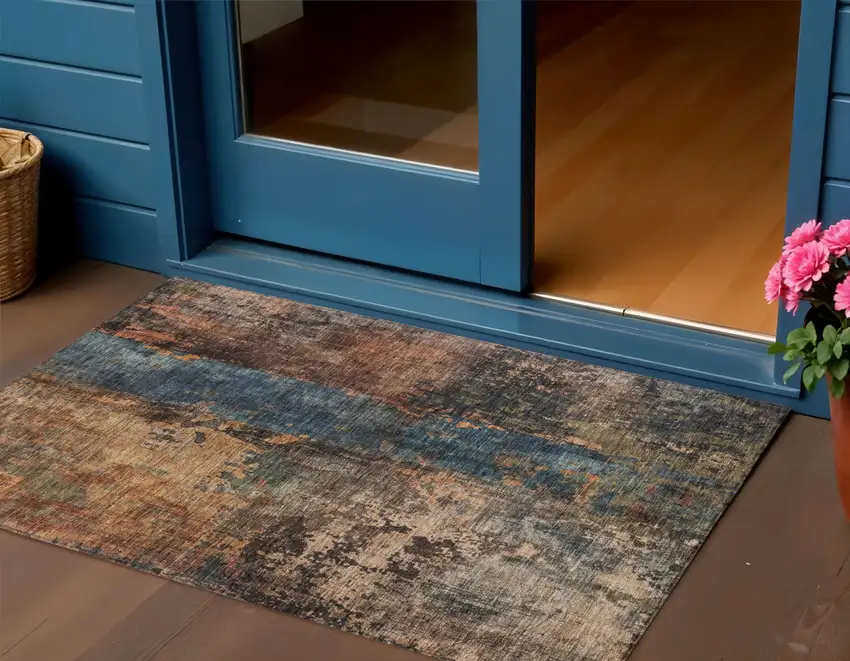 Blue Copper And Brown Abstract Washable Indoor Outdoor Area Rug Photo 1