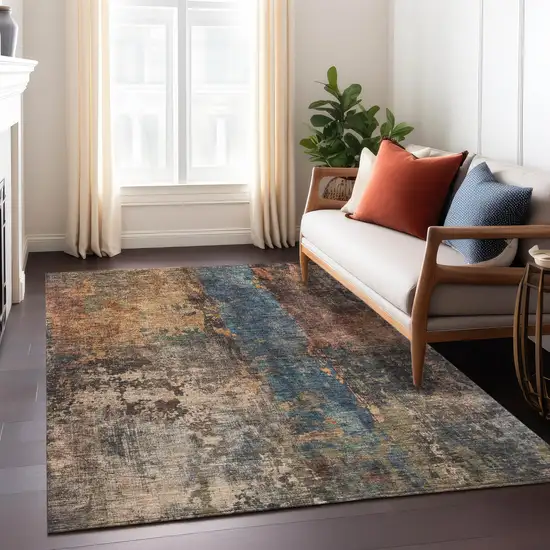 Blue Copper And Brown Abstract Washable Indoor Outdoor Area Rug Photo 9
