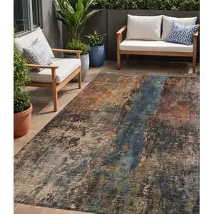 Photo of Blue Copper And Brown Abstract Washable Indoor Outdoor Area Rug