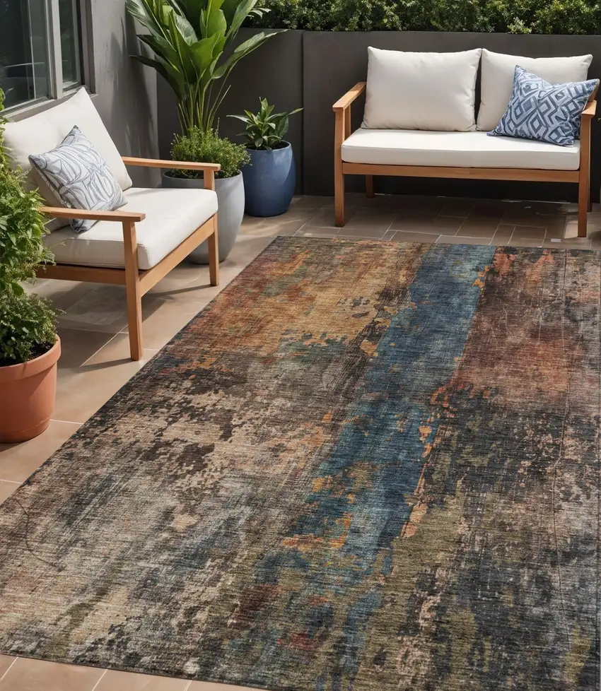 Blue Copper And Brown Abstract Washable Indoor Outdoor Area Rug Photo 1