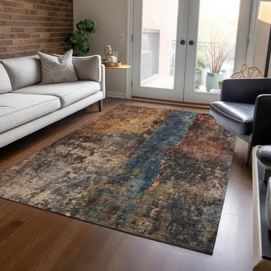 Blue Copper And Brown Abstract Washable Indoor Outdoor Area Rug Photo 7