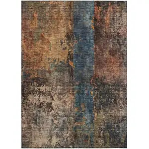 Photo of Blue Copper And Brown Abstract Washable Indoor Outdoor Area Rug