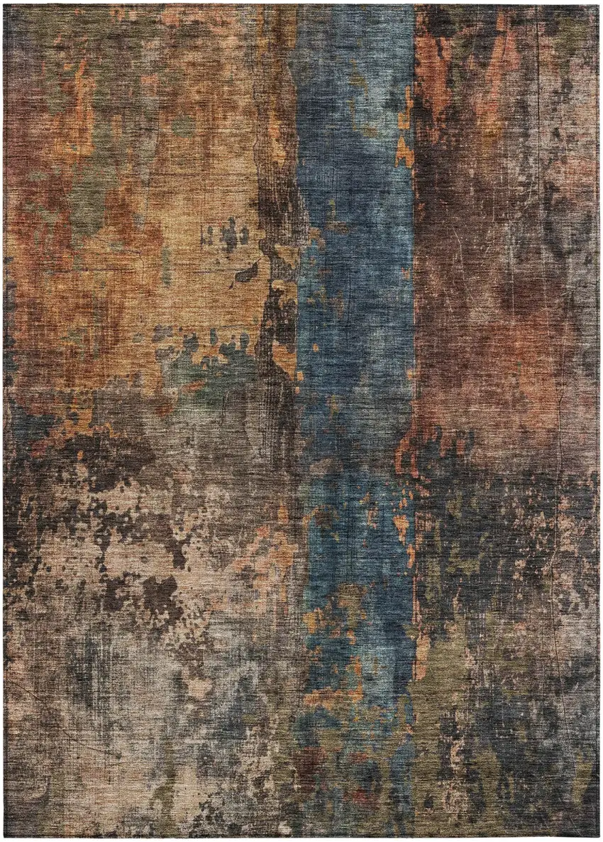 Blue Copper And Brown Abstract Washable Indoor Outdoor Area Rug Photo 1