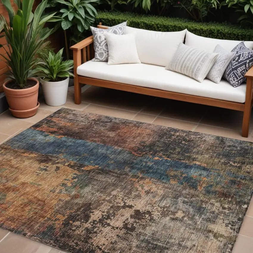 Blue Copper And Brown Abstract Washable Indoor Outdoor Area Rug Photo 1