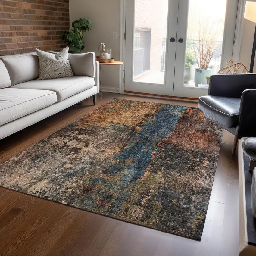 Blue Copper And Brown Abstract Washable Indoor Outdoor Area Rug Photo 9