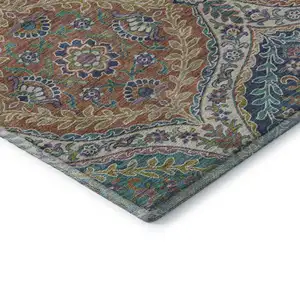 Photo of Blue Copper And Fern Green Floral Washable Area Rug With UV Protection