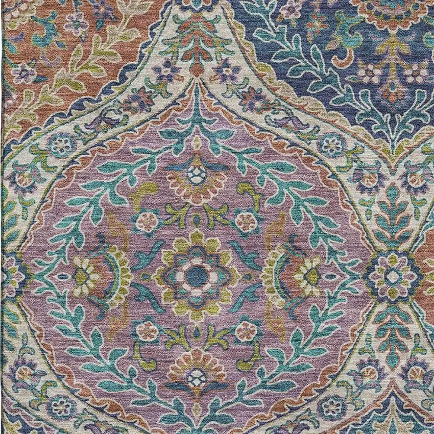 Blue Copper And Fern Green Floral Washable Area Rug With UV Protection Photo 3