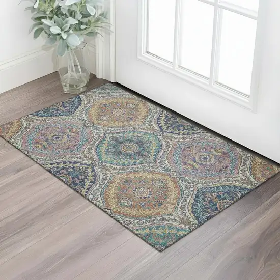 Blue Copper And Fern Green Floral Washable Area Rug With UV Protection Photo 2