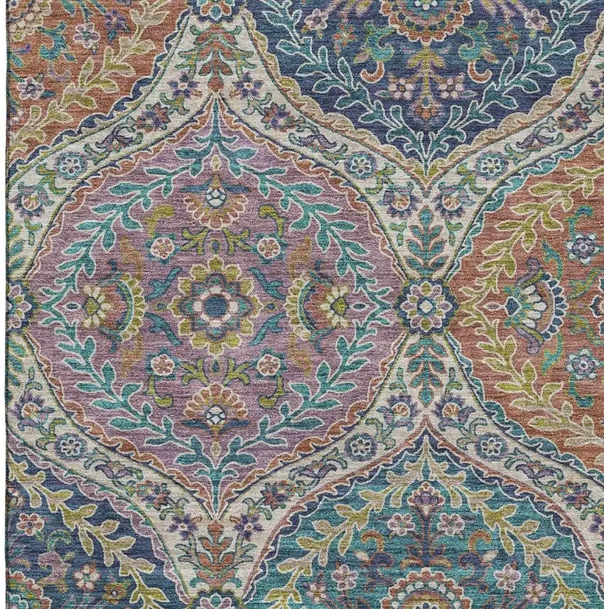 Blue Copper And Fern Green Floral Washable Area Rug With UV Protection Photo 4