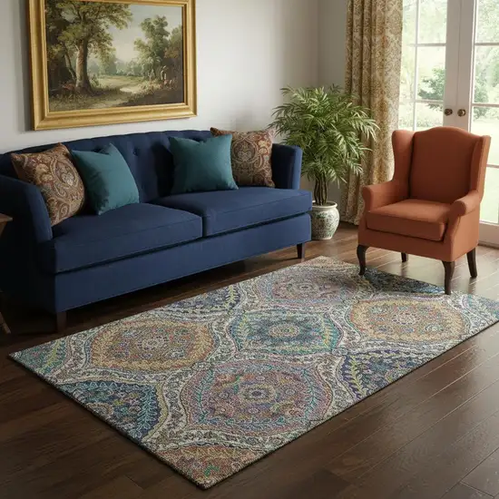 Blue Copper And Fern Green Floral Washable Area Rug With UV Protection Photo 2