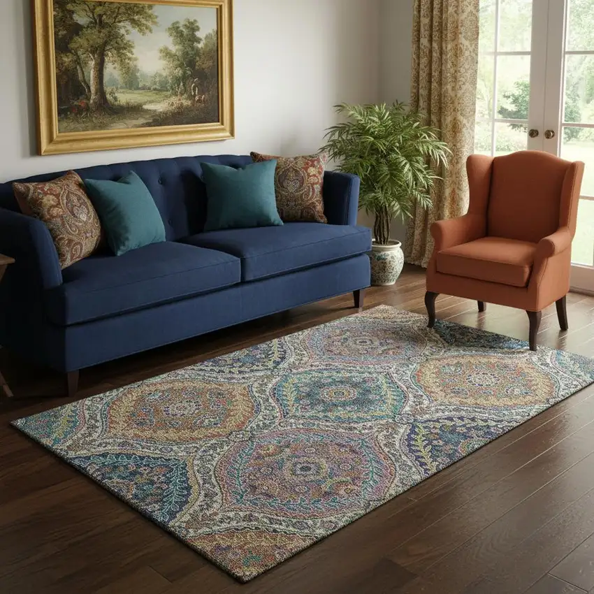 Blue Copper And Fern Green Floral Washable Area Rug With UV Protection Photo 2