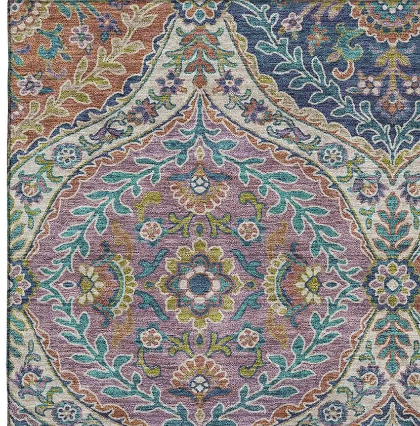 Blue Copper And Fern Green Floral Washable Area Rug With UV Protection Photo 3