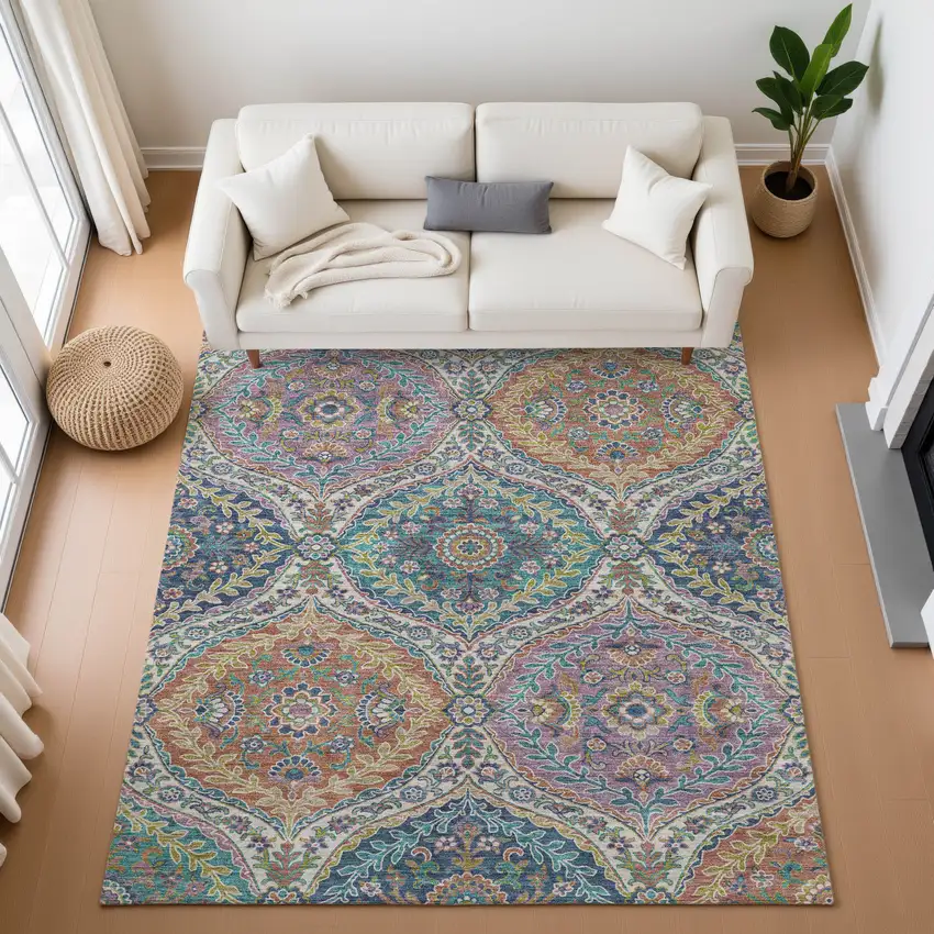 Blue Copper And Fern Green Floral Washable Area Rug With UV Protection Photo 5