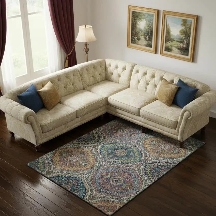 Blue Copper And Fern Green Floral Washable Area Rug With UV Protection Photo 2