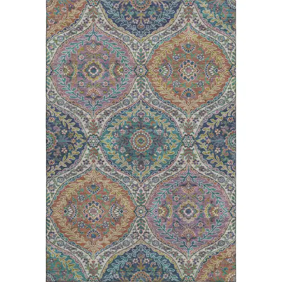 Blue Copper And Fern Green Floral Washable Area Rug With UV Protection Photo 1