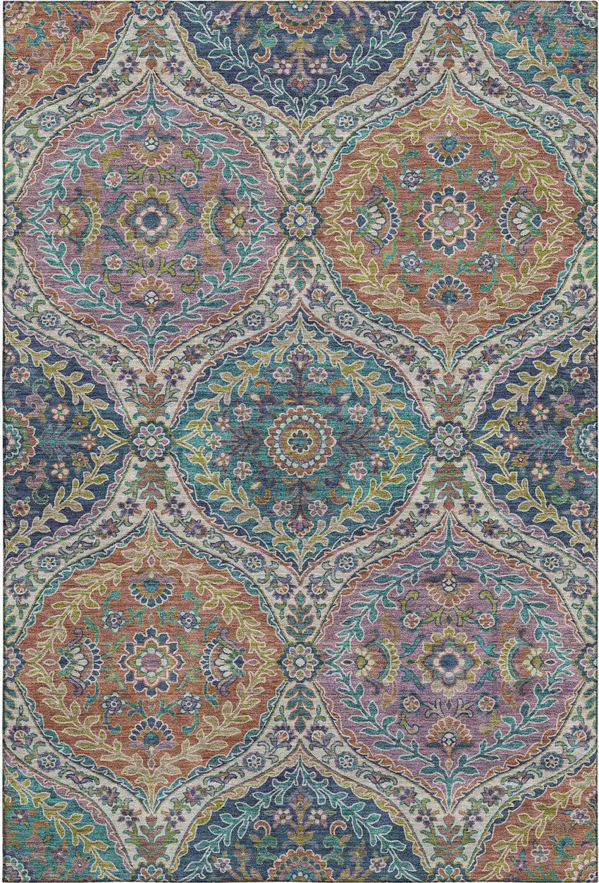 Blue Copper And Fern Green Floral Washable Area Rug With UV Protection Photo 1