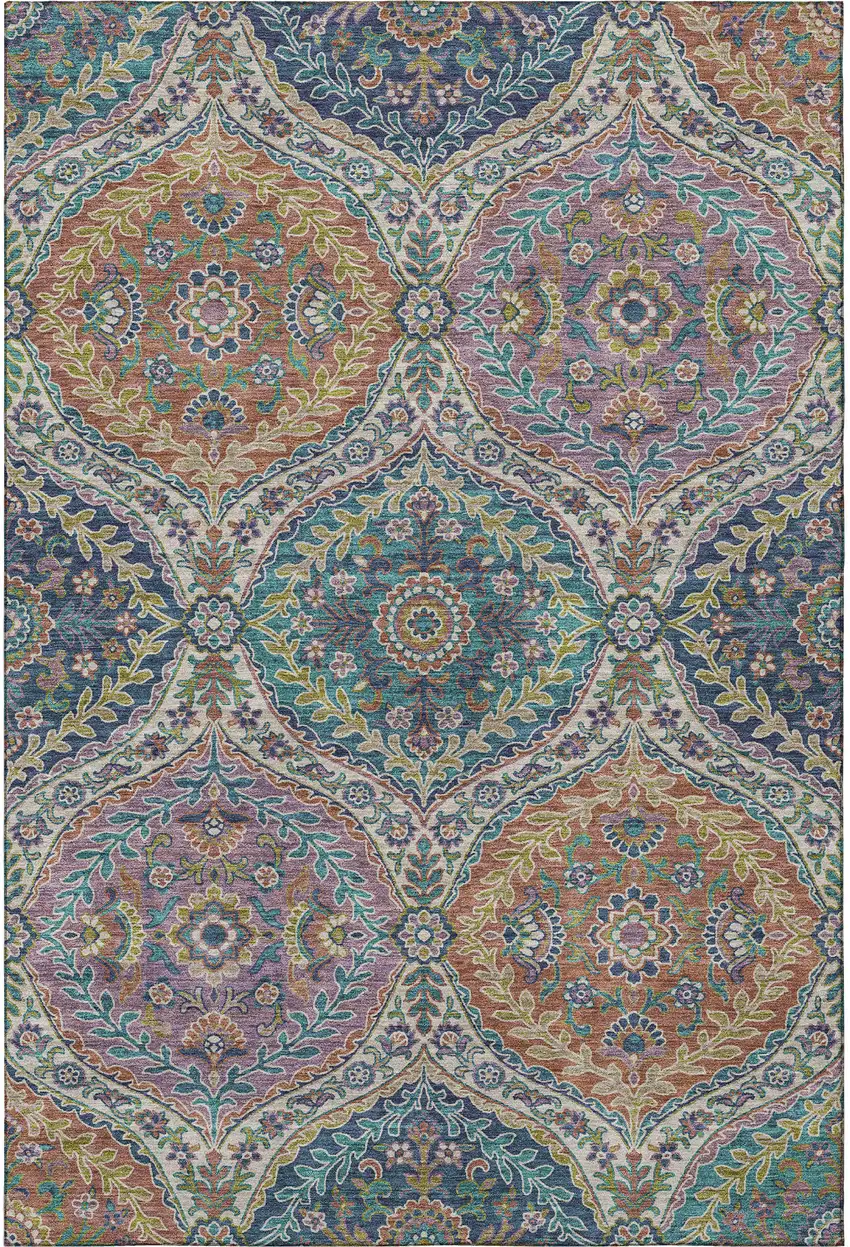 Blue Copper And Fern Green Floral Washable Area Rug With UV Protection Photo 4