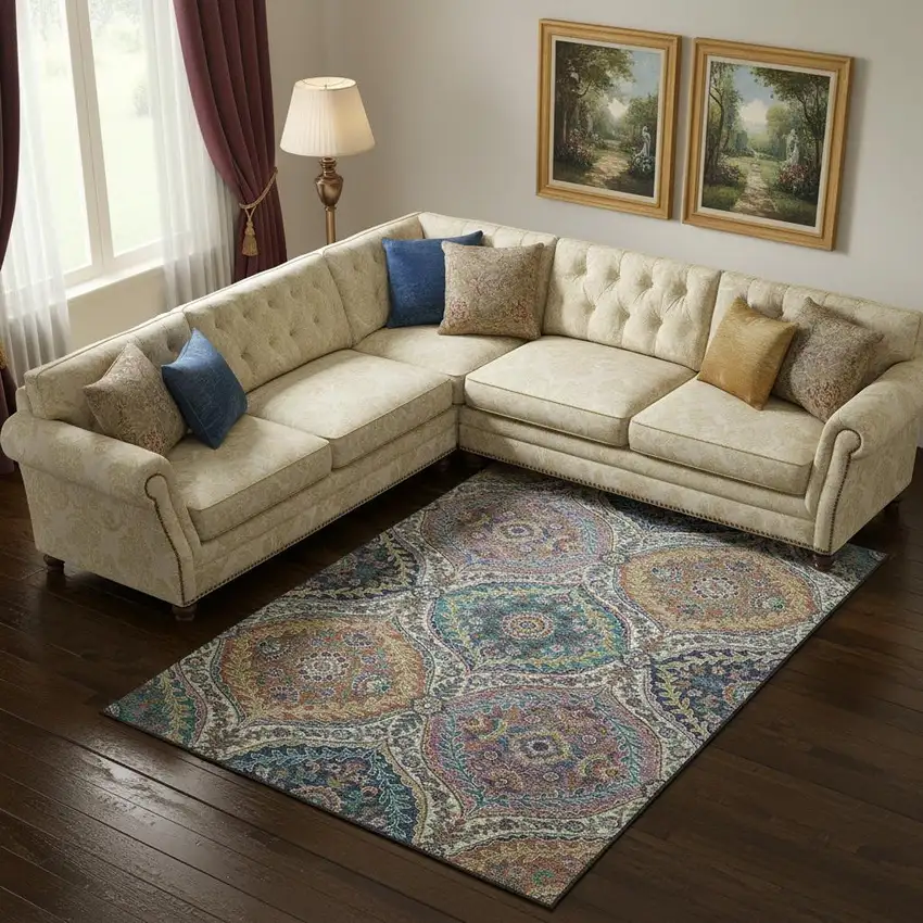 Blue Copper And Fern Green Floral Washable Area Rug With UV Protection Photo 2