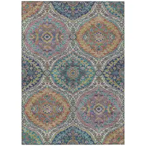 Photo of Blue Copper And Gold Floral Washable Indoor Outdoor Area Rug