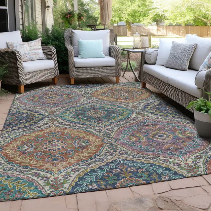 Blue Copper And Gold Floral Washable Indoor Outdoor Area Rug Photo 5