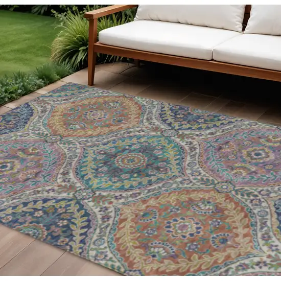 Blue Copper And Gold Floral Washable Indoor Outdoor Area Rug Photo 2