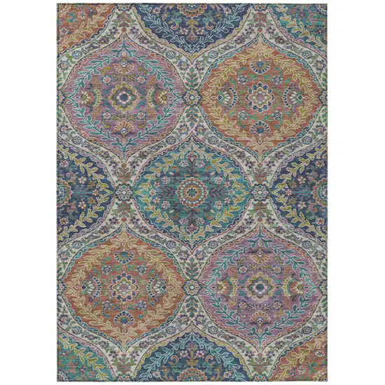 Blue Copper And Gold Floral Washable Indoor Outdoor Area Rug Photo 1