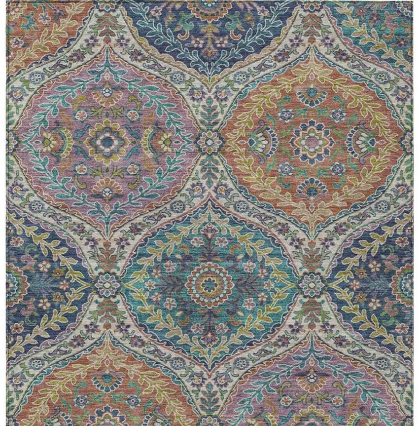 Blue Copper And Gold Floral Washable Indoor Outdoor Area Rug Photo 4