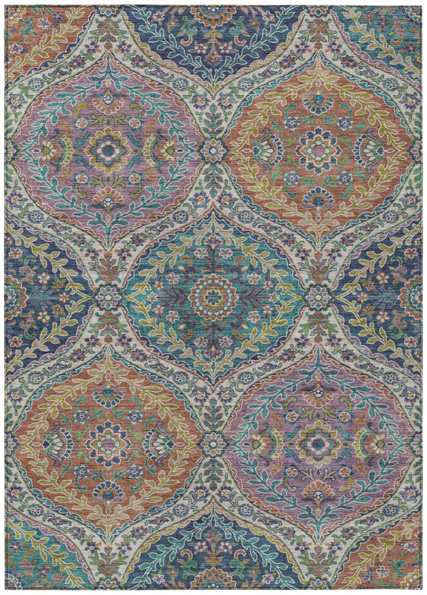 Blue Copper And Gold Floral Washable Indoor Outdoor Area Rug Photo 1