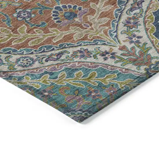 Blue Copper And Gold Floral Washable Indoor Outdoor Area Rug Photo 9
